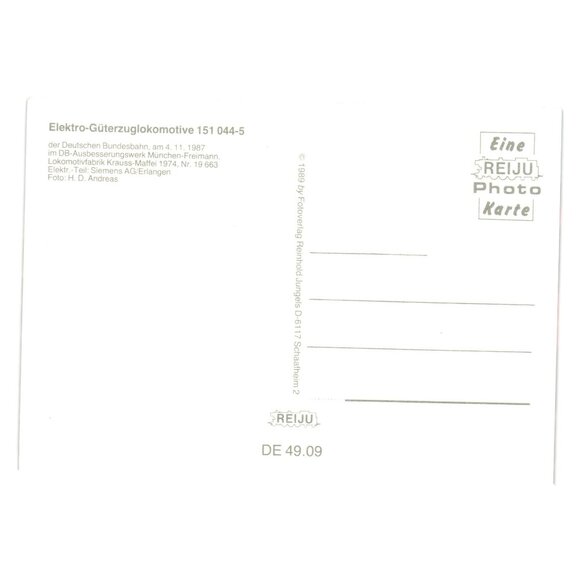 Vintage German Electric Freight Locomotive Postcard DB 151 044 5 Reiju Photo 198 - Picture 2 of 2